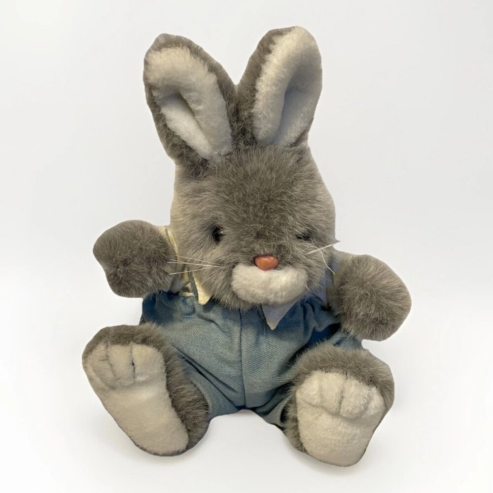 Vintage Gray Plush Bunny Rabbit Stuffed Animal with Blue Overalls 12" Sitting